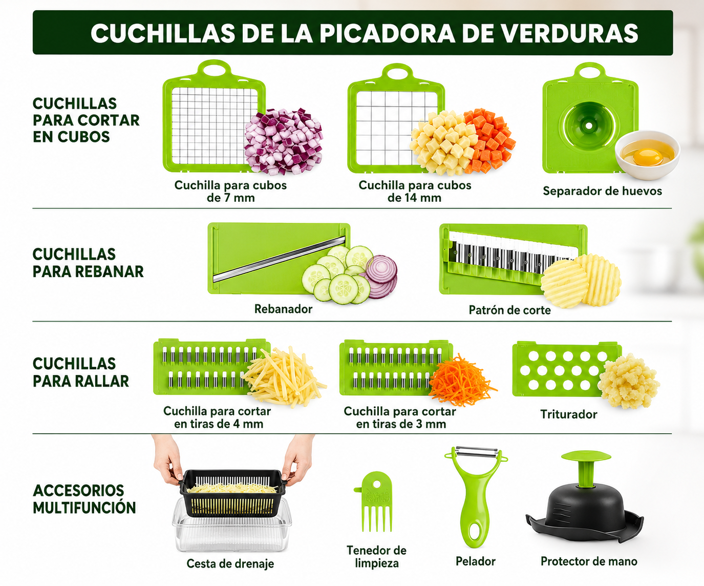 Picadora de verduras 15 en 1 multifuncional con 8 cuchillas reemplazables